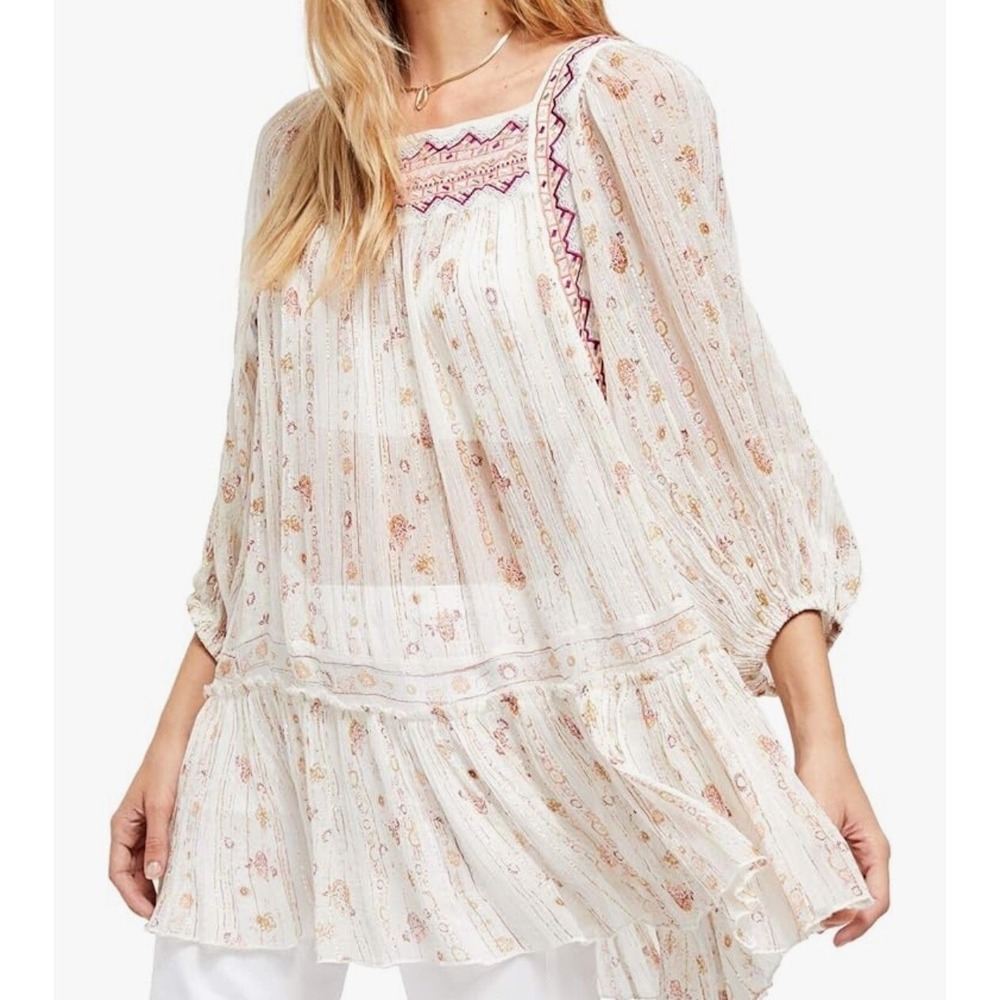 Free People Embroidered Floral Stripe Metallic Tunic Top Ivory Coral Small